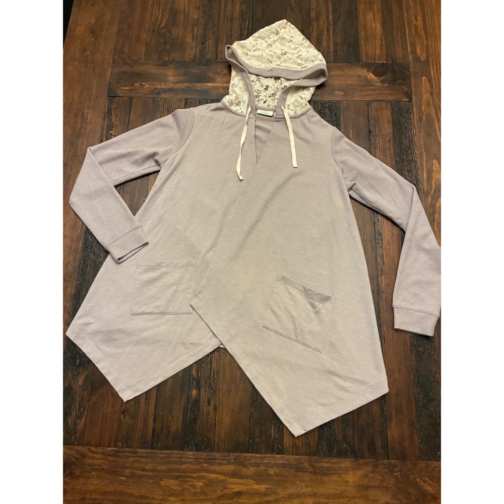 Logo by Lori Goldstein Cardigan Open Front Lace Hoodie Asymmetrical Cozy